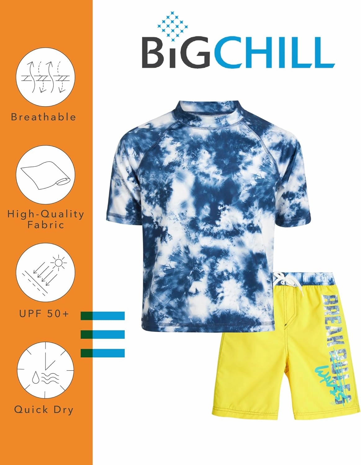 Big Chill Boys Rash Guard Set - 2 Piece UPF 50  Quick Dry Short Sleeve Swim Shirt and Swim Trunks for Boys (Sizes: 4-14)