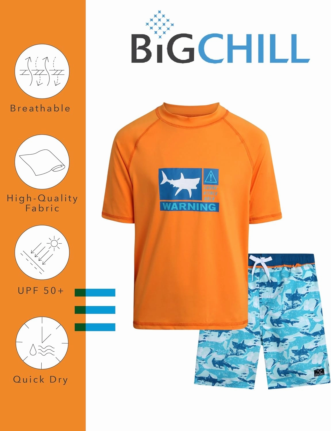 Big Chill Boys Rash Guard Set - 2 Piece UPF 50  Quick Dry Sun Protection Swim Shirt and Swimming Trunks (Sizes: 4-14)