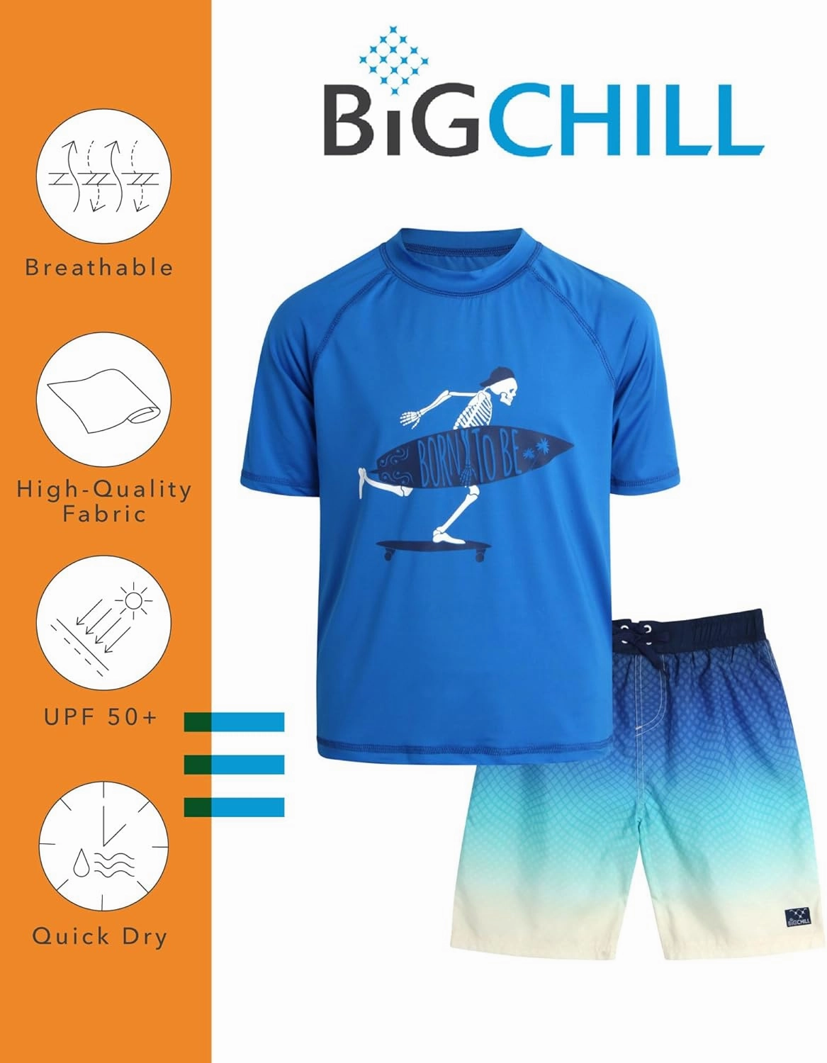 Big Chill Boys Rash Guard Set - 2 Piece UPF 50  Quick Dry Sun Protection Swim Shirt and Swimming Trunks (Sizes: 4-14)
