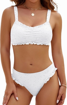 Blooming Jelly Bikini Sets for Women Ruched Bandeau Ruffle High Cut Eyelet Swimsuit 2 Piece Adjustable Strap Bathing Suits