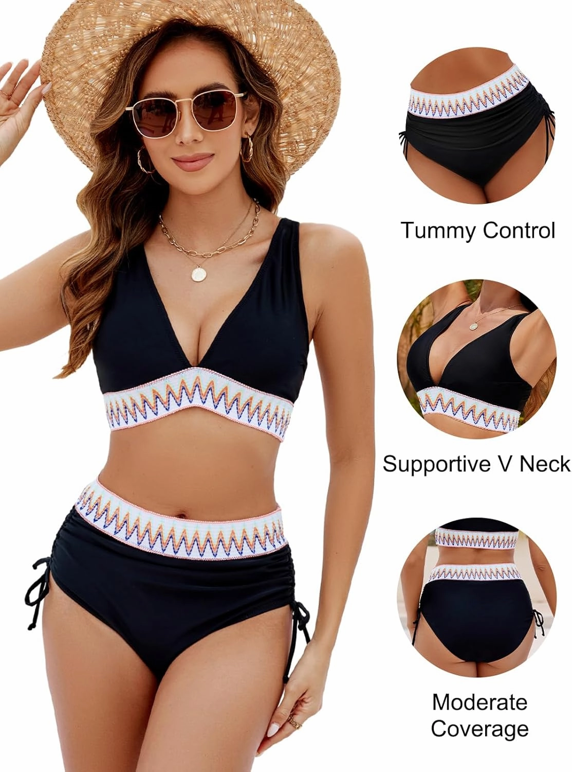 Blooming Jelly Women High Waisted Bikini Sets Tummy Control Swimsuits Color Block Two Piece Drawstring Bathing Suit