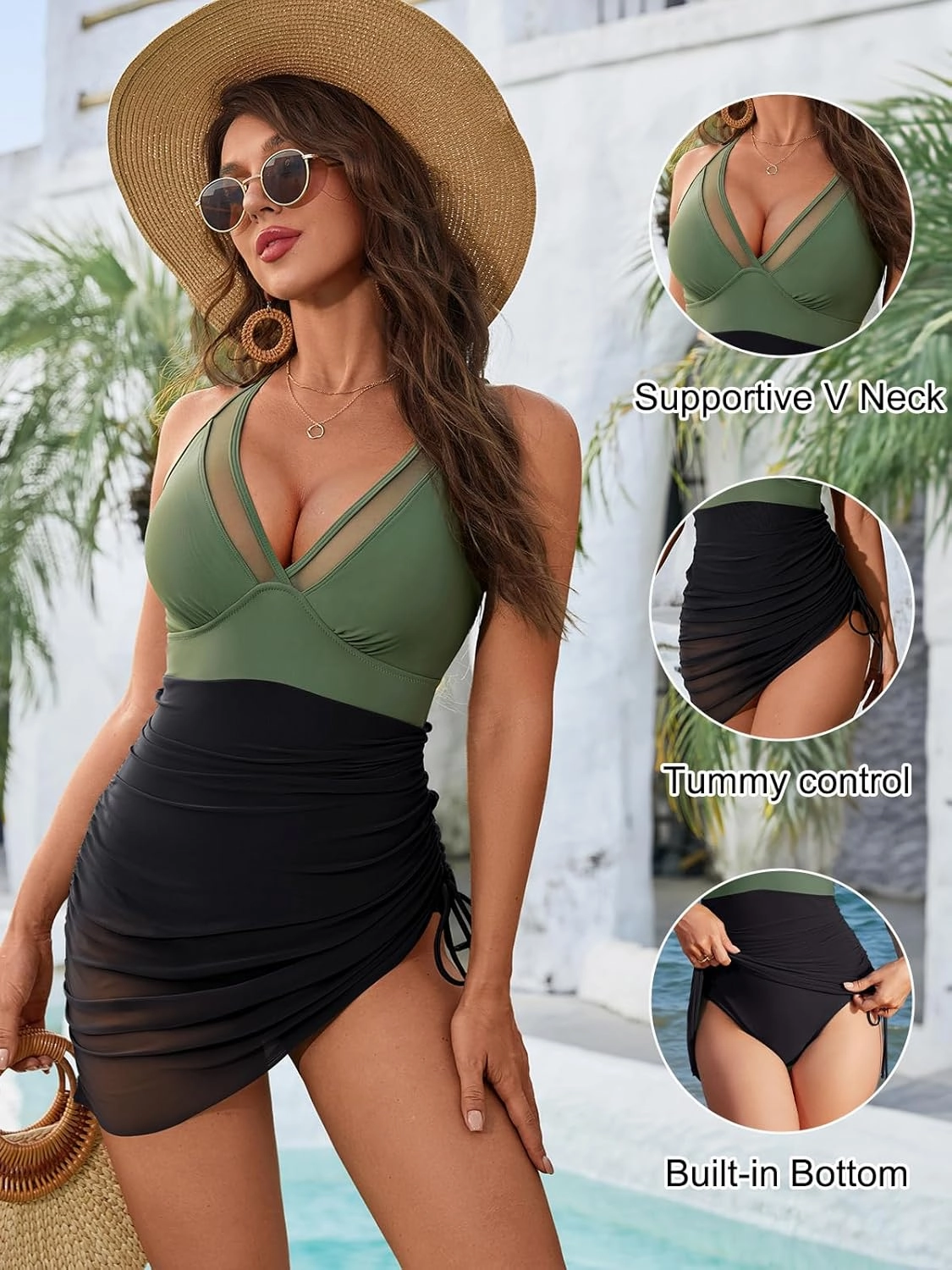 Blooming Jelly Women One Piece Swim Dress Tummy Control Swimsuits Slimming Mesh Sheer Sarong Wraps Bathing Suit