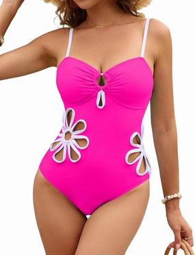 Blooming Jelly Women's One Piece Swimsuit Slimming Color Block High Cut Bathing Suit Cheeky Floral Cutout Swimwear