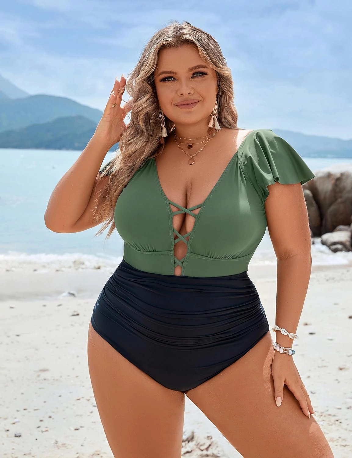 Blooming Jelly Women's Plus Size One Piece Swimsuit Tummy Control Bathing Suit Cute V Neck Maternity Swimwear
