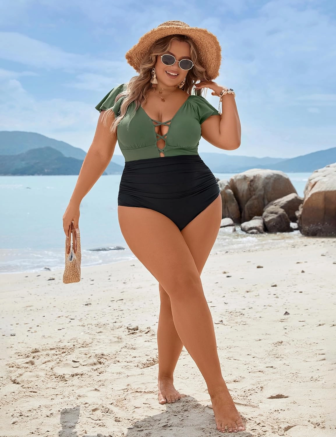 Blooming Jelly Women's Plus Size One Piece Swimsuit Tummy Control Bathing Suit Cute V Neck Maternity Swimwear