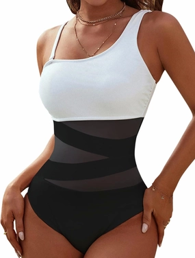 Blooming Jelly Women's Sexy One Piece Bathing Suits One Shoulder Swimsuits Slimming Mesh Swimwear