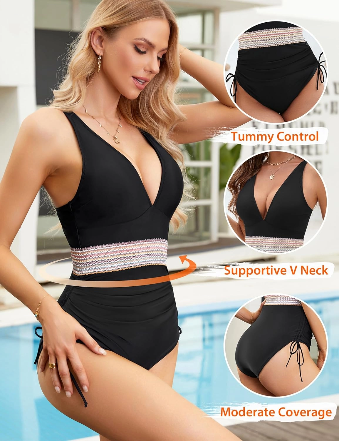 Blooming Jelly Women Tummy Control Swimsuits One Piece Slimming Modest Bathing Suit Color Block Drawstring Swim Suits