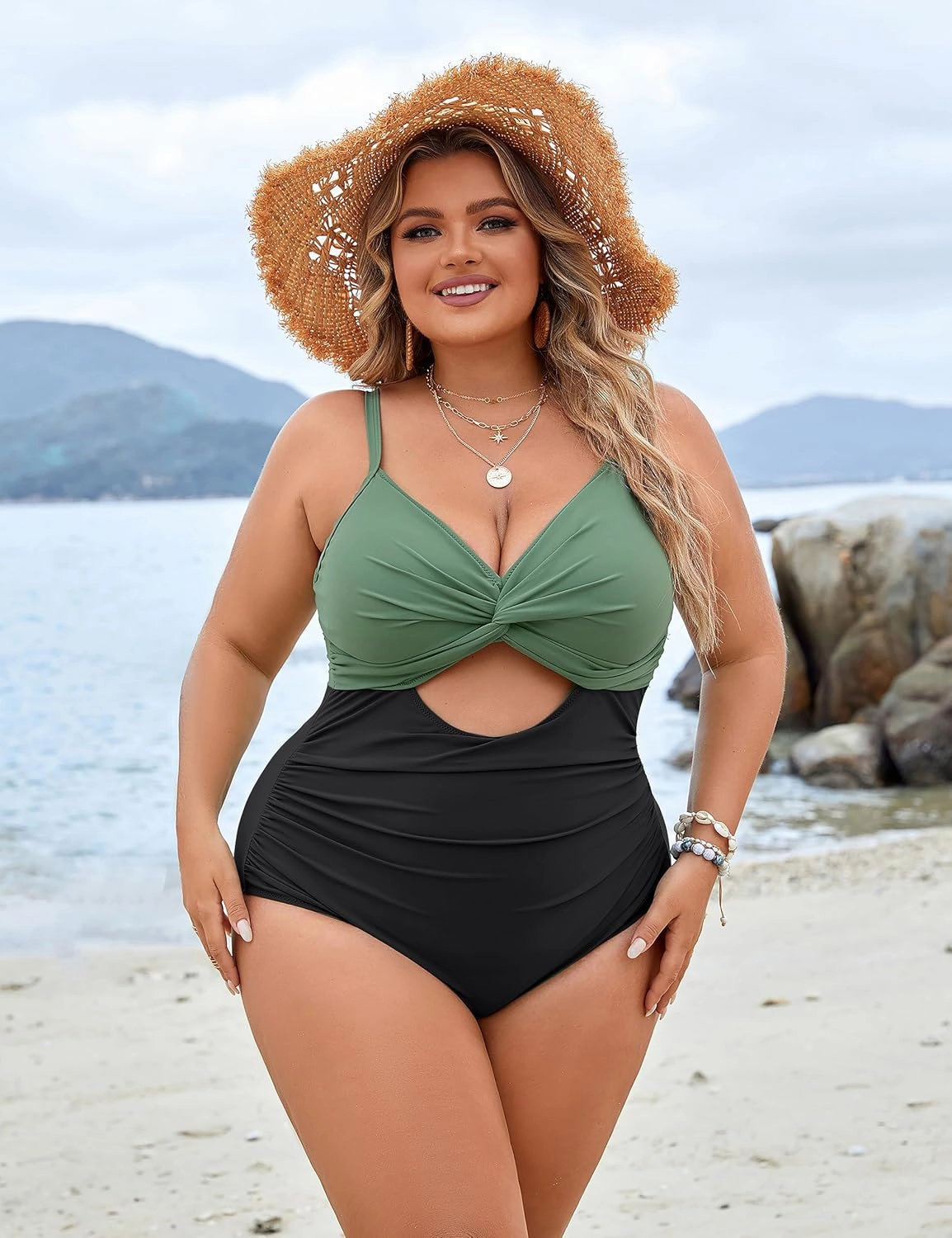 Blooming Jelly Womens Plus Size Bathing Suit Tummy Control One Piece Swimsuit Twist Front Ruched Swimwear
