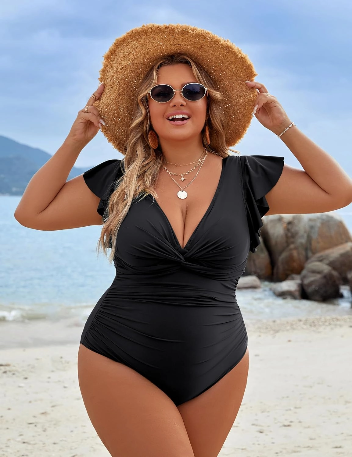Blooming Jelly Womens Tummy Control Swimsuit V Neck One Piece Bathing Suits Slimming Lace-up Ruffle Swimwear