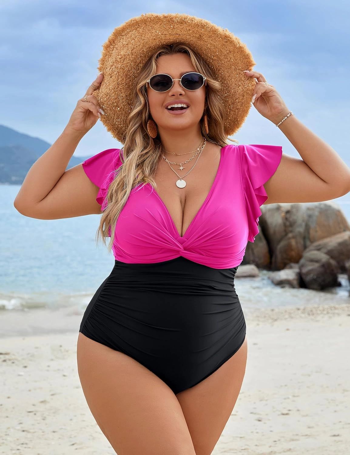 Blooming Jelly Womens Tummy Control Swimsuit V Neck One Piece Bathing Suits Slimming Lace-up Ruffle Swimwear