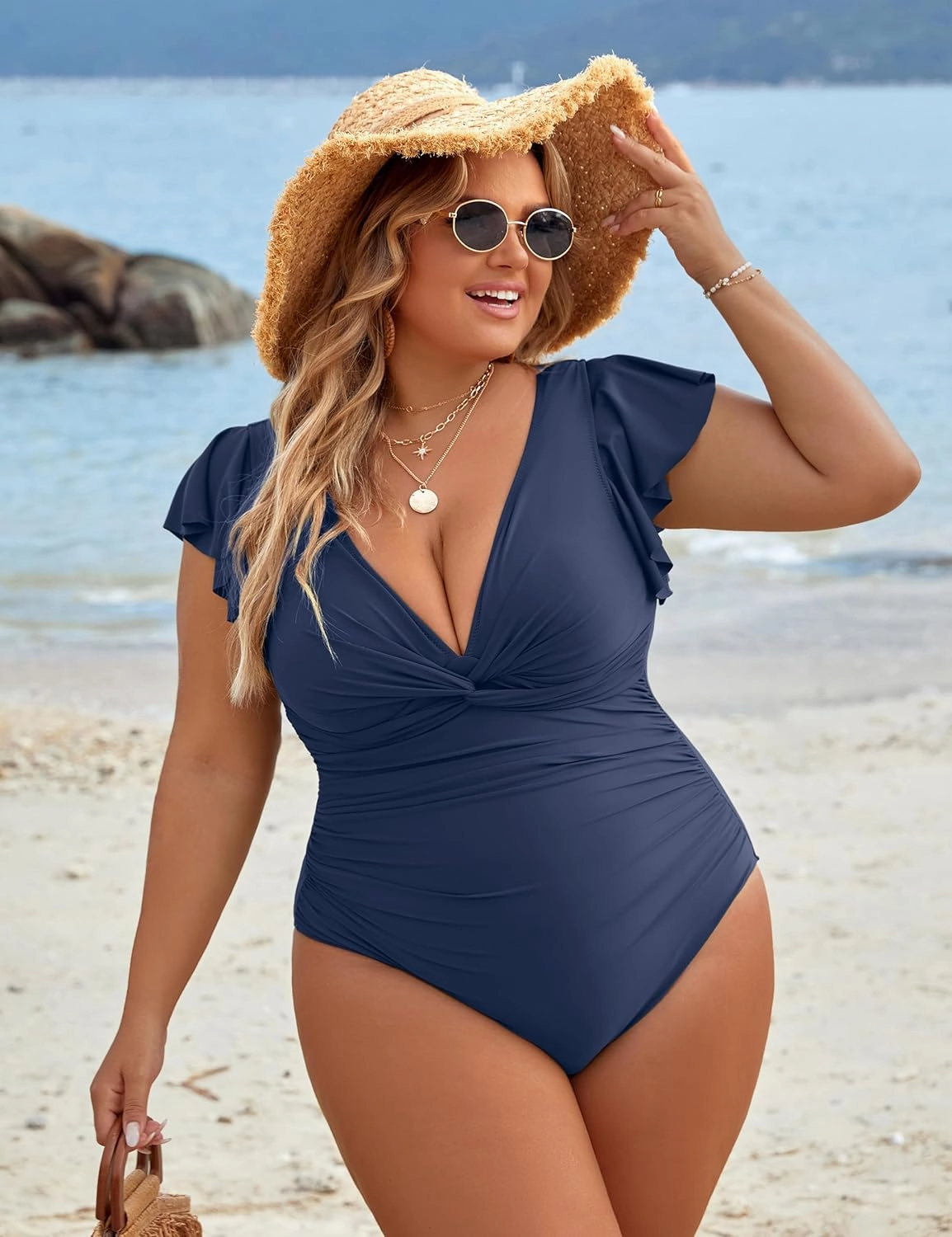 Blooming Jelly Womens Tummy Control Swimsuit V Neck One Piece Bathing Suits Slimming Lace-up Ruffle Swimwear