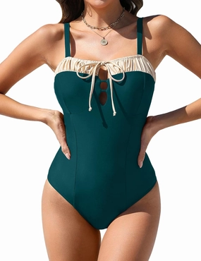 BMJL Womens One Piece Swimsuits Retro Black Tummy Control Bathing Suits Elegent Tie Front Swimwear