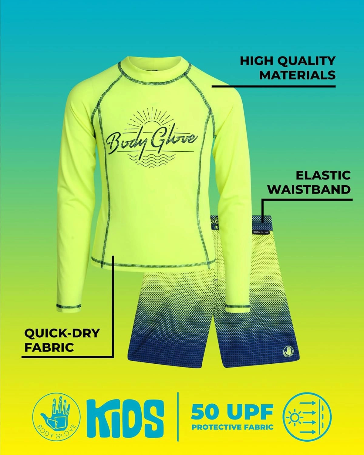 Body Glove Boys Swim Set - 2 Piece UPF 50  Swim Trunks and Rash Guard for Boys Kids Swimwear Set (Sizes: 4-12)