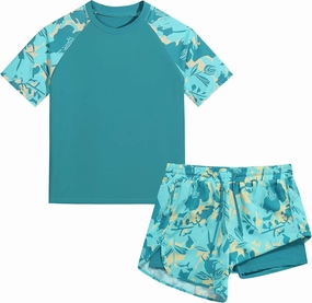 Boys' Rash Guard Set Two Piece Swimsuits Kids Short Sleeve Swimwear Swim Trunks with Compression Liner(5-16T)
