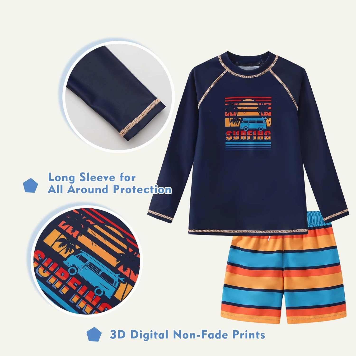 Boys Long Sleeve Rash Guard Swim Trunk Swimsuits Set Kids Two Piece Bathing Suit Swimwear Set