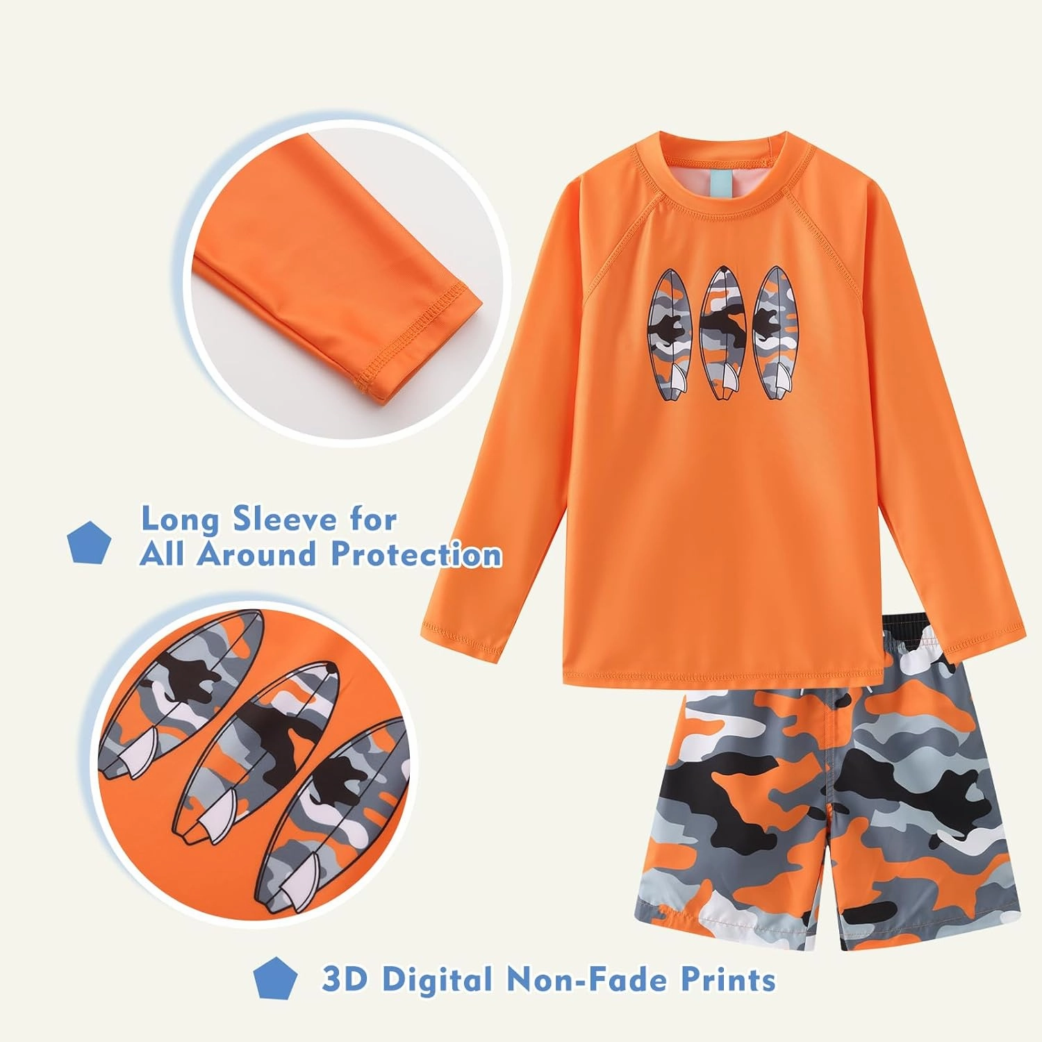Boys Long Sleeve Rash Guard Swim Trunk Swimsuits Set Kids Two Piece Bathing Suit Swimwear Set