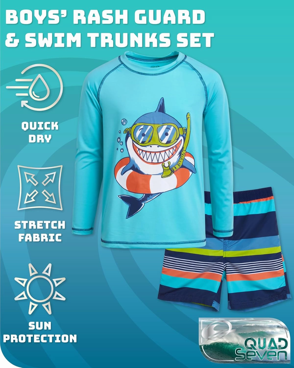 Boys Swim Set - 4 Piece Board Shorts Swim Trunks Long Sleeve Rash Guard for Boys Kids Swimwear (Sizes: 5-12)