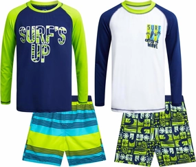 Boys Swim Set - 4 Piece Board Shorts Swim Trunks Long Sleeve Rash Guard for Boys Kids Swimwear (Sizes: 5-12)