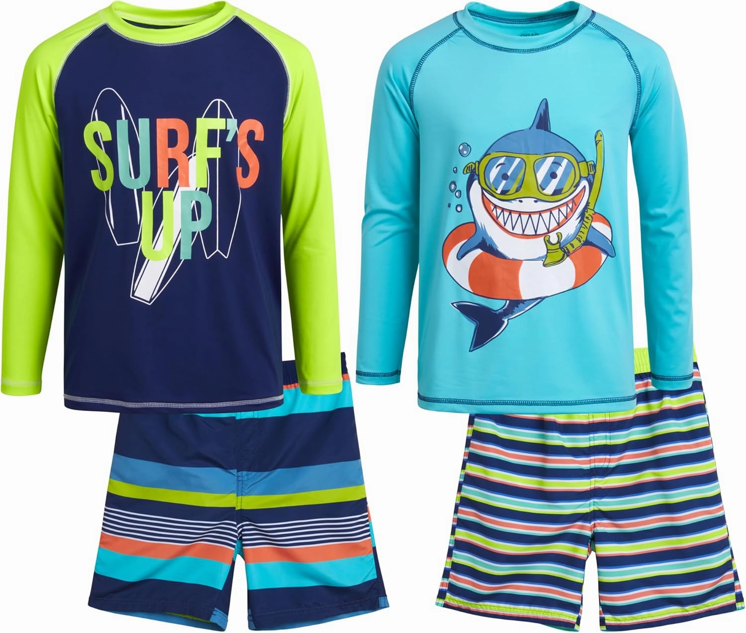 Boys Swim Set - 4 Piece Board Shorts Swim Trunks Long Sleeve Rash Guard for Boys Kids Swimwear (Sizes: 5-12)