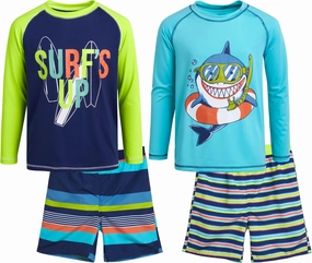 Boys Swim Set - 4 Piece Board Shorts Swim Trunks Long Sleeve Rash Guard for Boys Kids Swimwear (Sizes: 5-12)