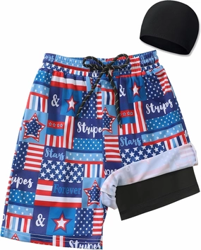 Boys Swim Trunks 2-16 Years Compression Liner Swimsuit Shorts fo Kids Quick-Dry Stretch Swimwear (Includes Swim Cap)