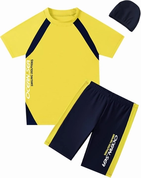 Boys Swimsuits UPF50 UV Swimwear Set Two Piece Rash Guard with Hat for Kids 4-14 Years