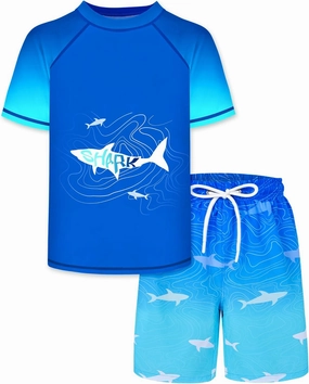 Boys Two Piece Rash Guard and Swim Trunks Outfit Set Kids Short Sleeve Swimsuit