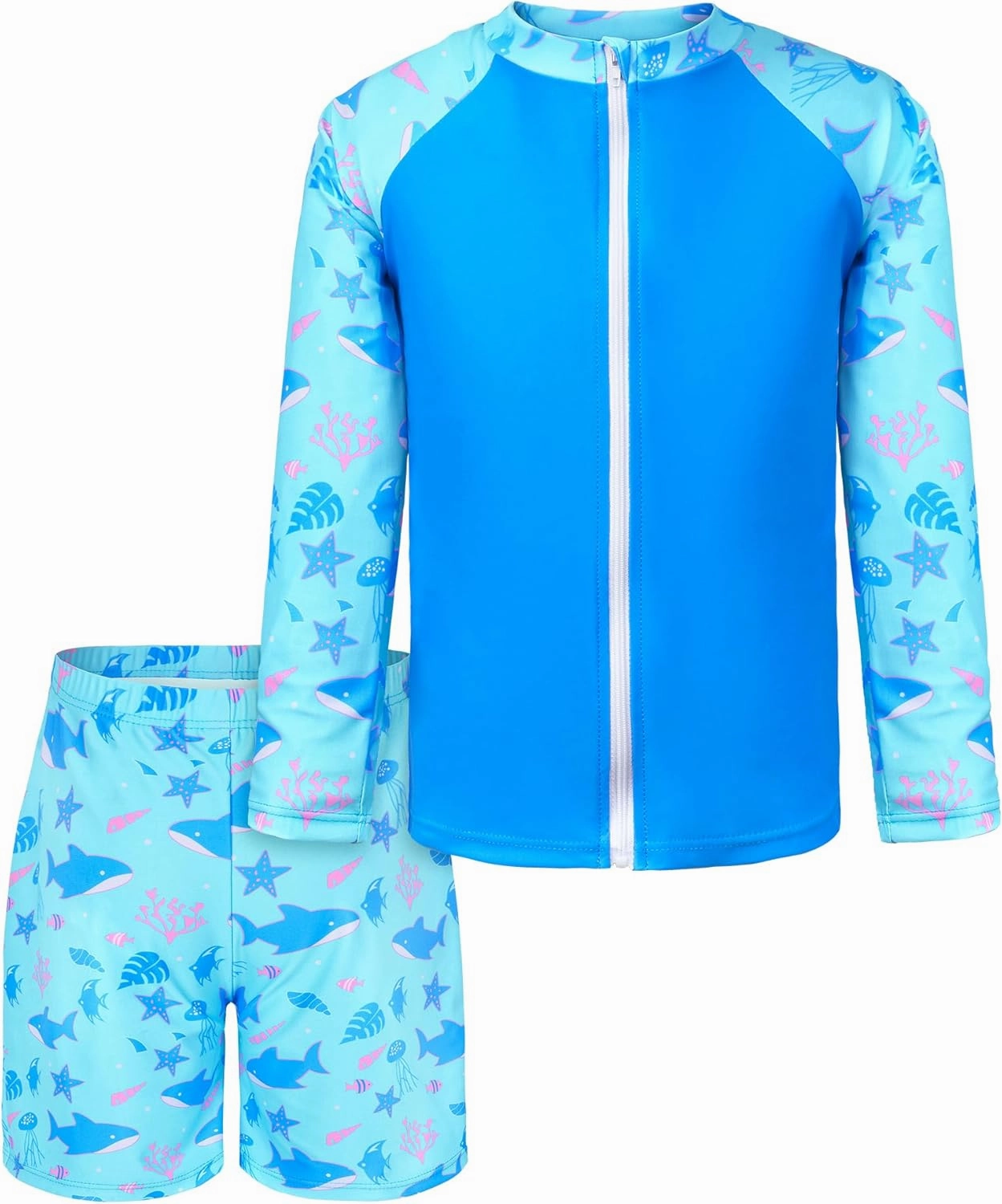 Boys Two Piece Rash Guard Swimsuits Long Sleeve Zipper Swim Shirt and Trunks Bathing Suit Swimwear Set