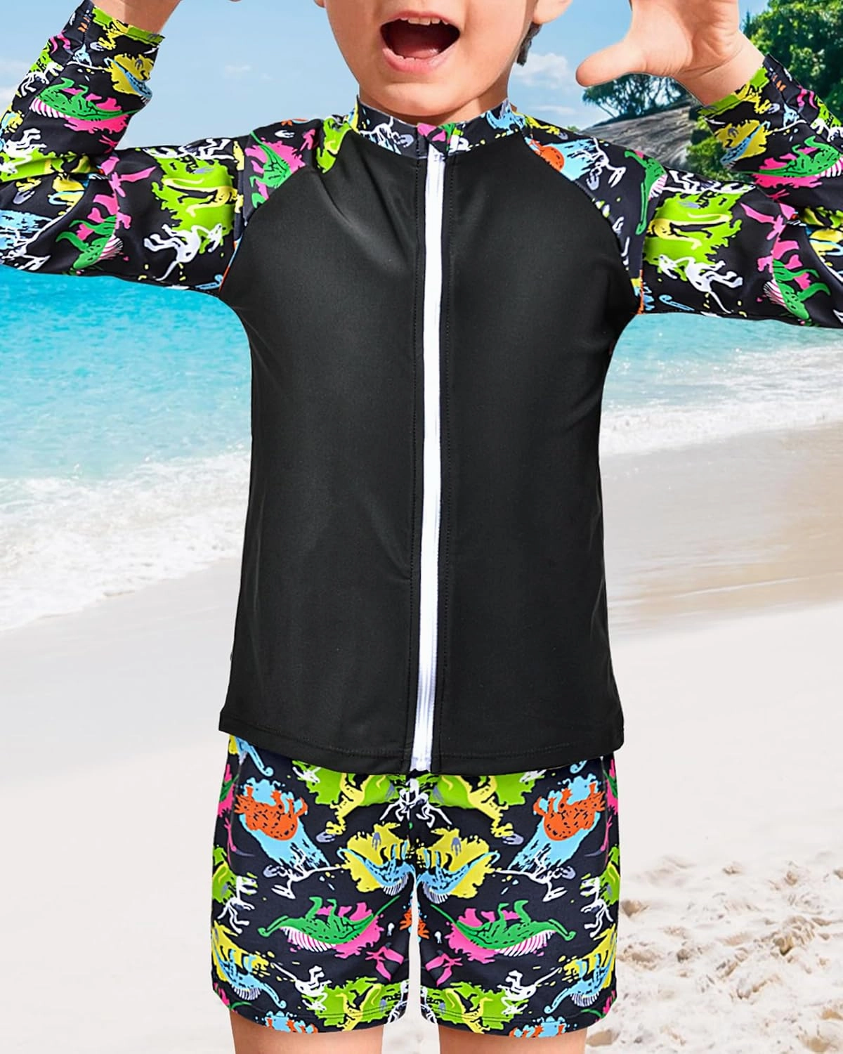 Boys Two Piece Rash Guard Swimsuits Long Sleeve Zipper Swim Shirt and Trunks Bathing Suit Swimwear Set