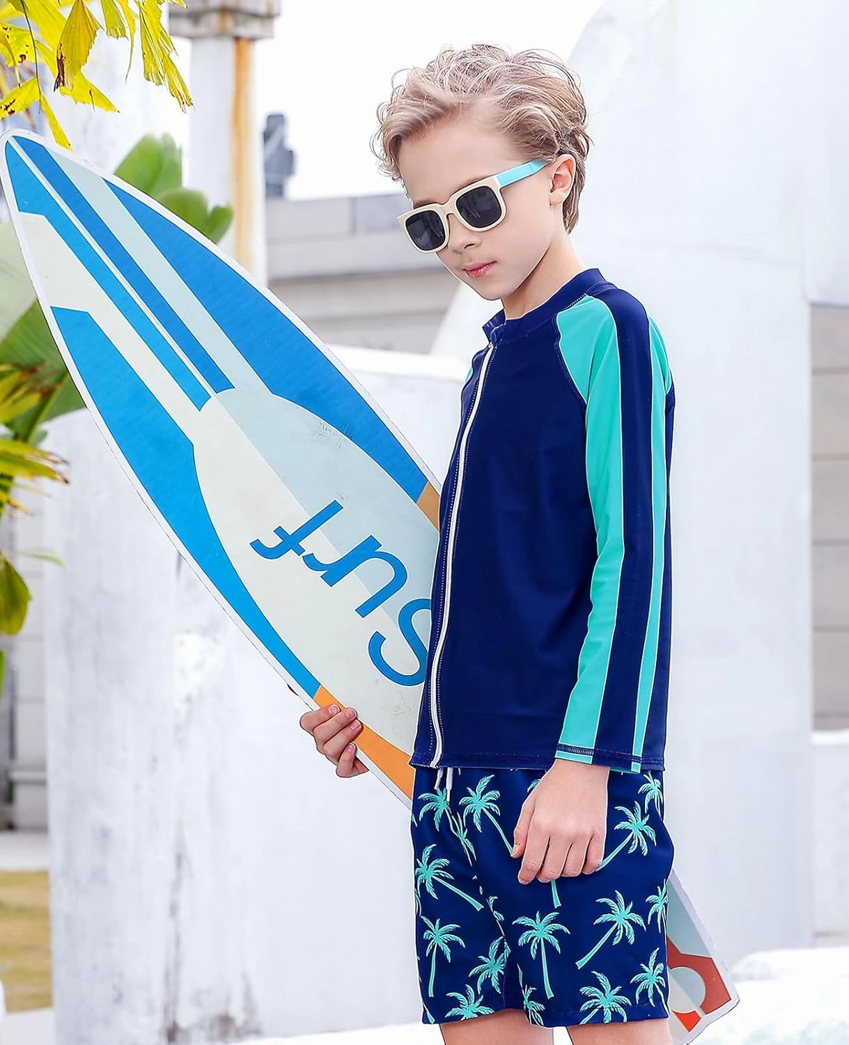 Boys Two Piece Swim Set Zipper Rash Guard Swimsuits Long Sleeve Bathing Suit for 4-12 Years