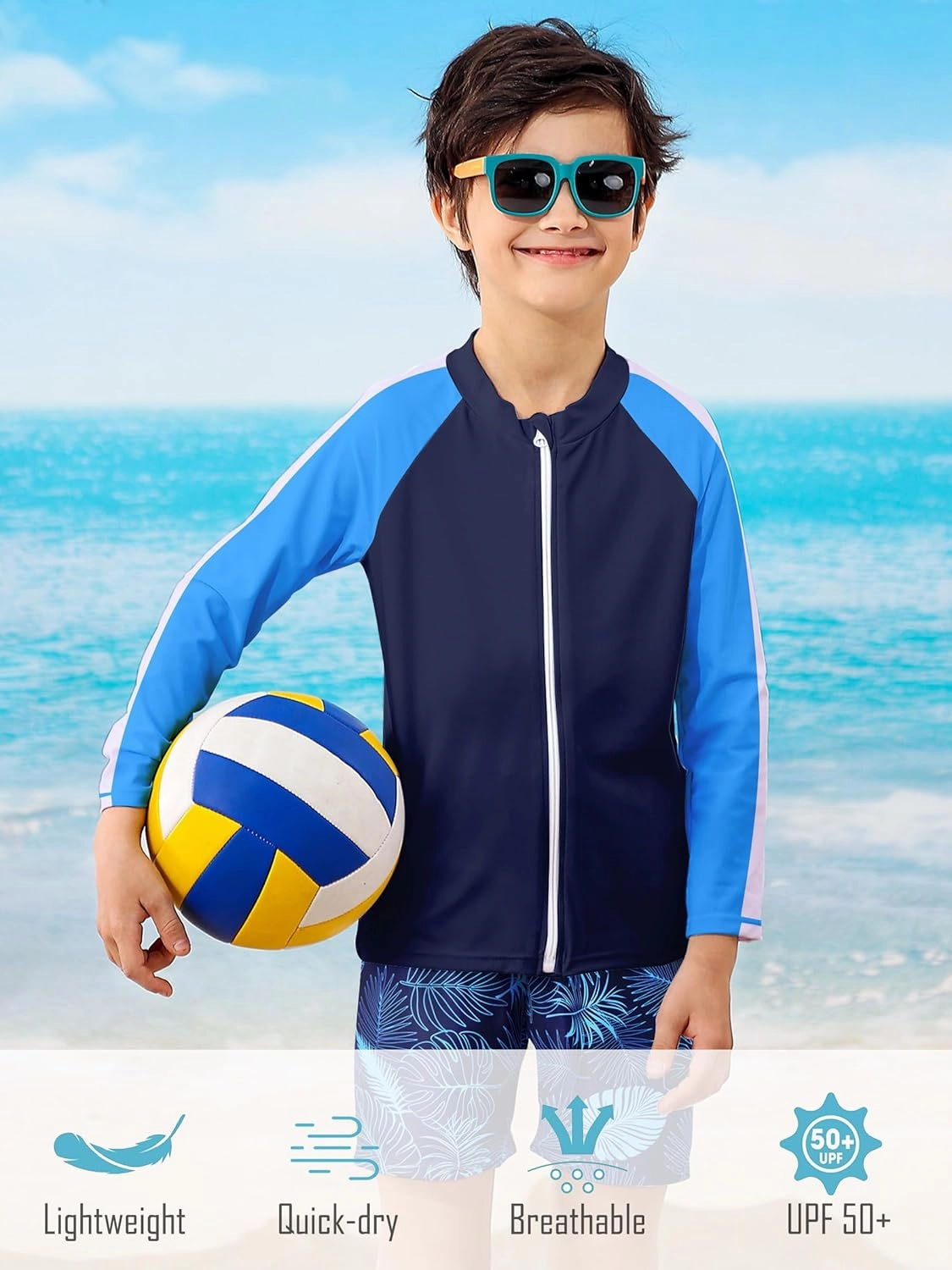 Boys Two Piece Swim Set Zipper Rash Guard Swimsuits Long Sleeve Bathing Suit for 4-12 Years