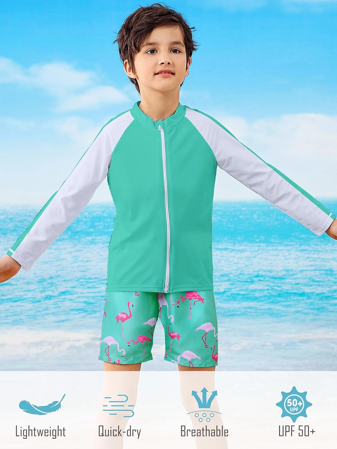 Boys Two Piece Swim Set Zipper Rash Guard Swimsuits Long Sleeve Bathing Suit for 4-12 Years