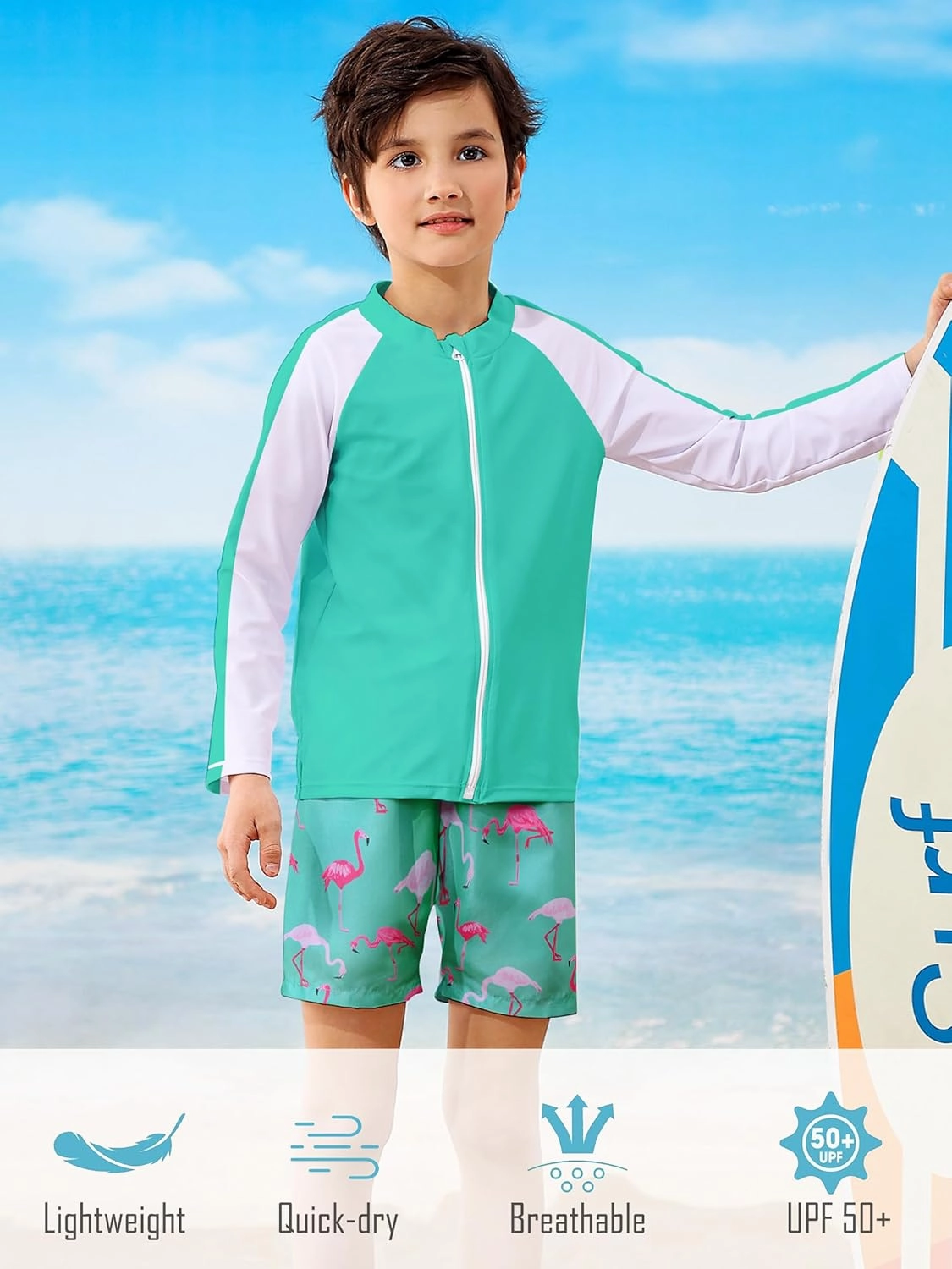 Boys Two Piece Swim Set Zipper Rash Guard Swimsuits Long Sleeve Bathing Suit for 4-12 Years