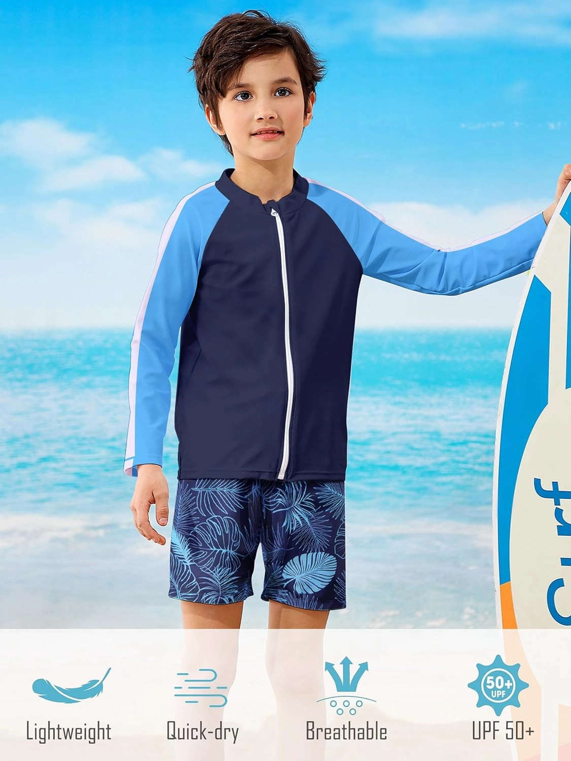 Boys Two Piece Swim Set Zipper Rash Guard Swimsuits Long Sleeve Bathing Suit for 4-12 Years