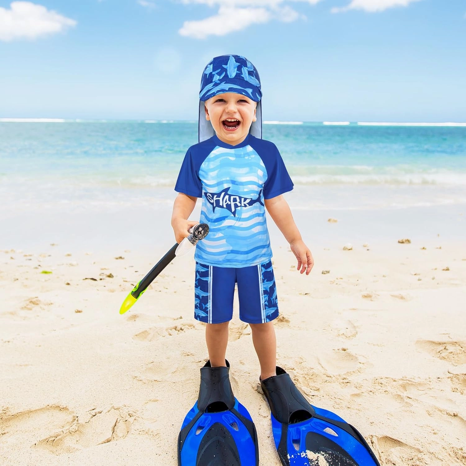 Boys Two Pieces Swimsuit Set Short Sleeve Kids Rash Guard Dinosaur Boys Bathing Suit with Sun Cap for 2-6 Years