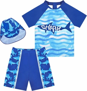Boys Two Pieces Swimsuit Set Short Sleeve Kids Rash Guard Dinosaur Boys Bathing Suit with Sun Cap for 2-6 Years