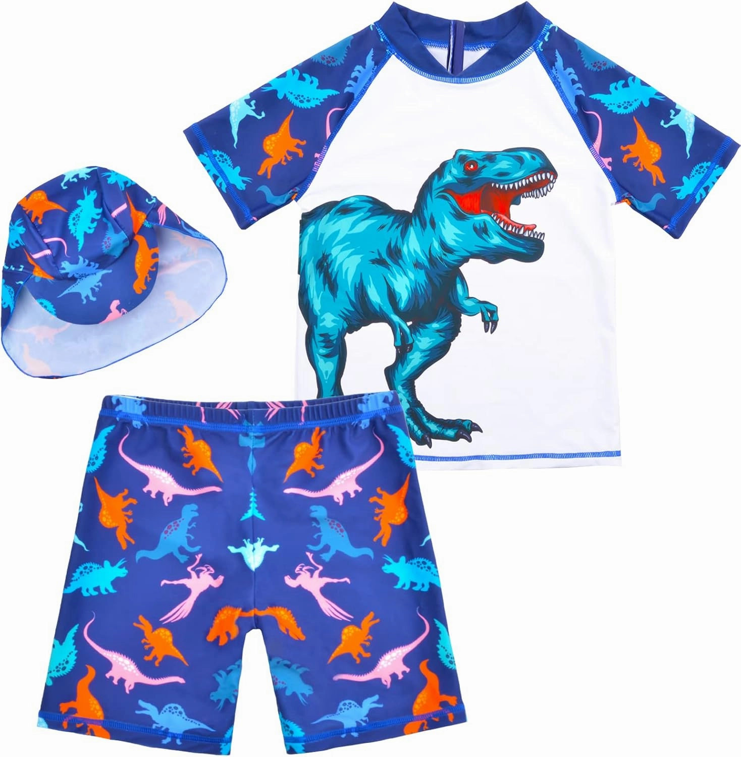 Boys Two Pieces Swimsuit Set Short Sleeve Kids Rash Guard Dinosaur Boys Bathing Suit with Sun Cap for 2-6 Years