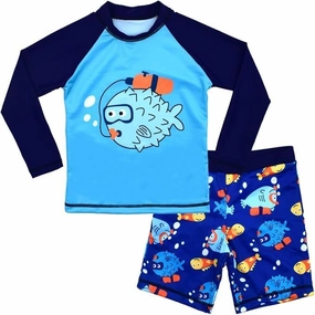 Boys UPF 50  Long Sleeve Rash Guard and Swim Trunks Outfit Set Toddler to Big Boy Sizes (3-11Years)