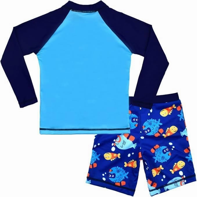 Boys UPF 50  Long Sleeve Rash Guard and Swim Trunks Outfit Set Toddler to Big Boy Sizes (3-11Years)