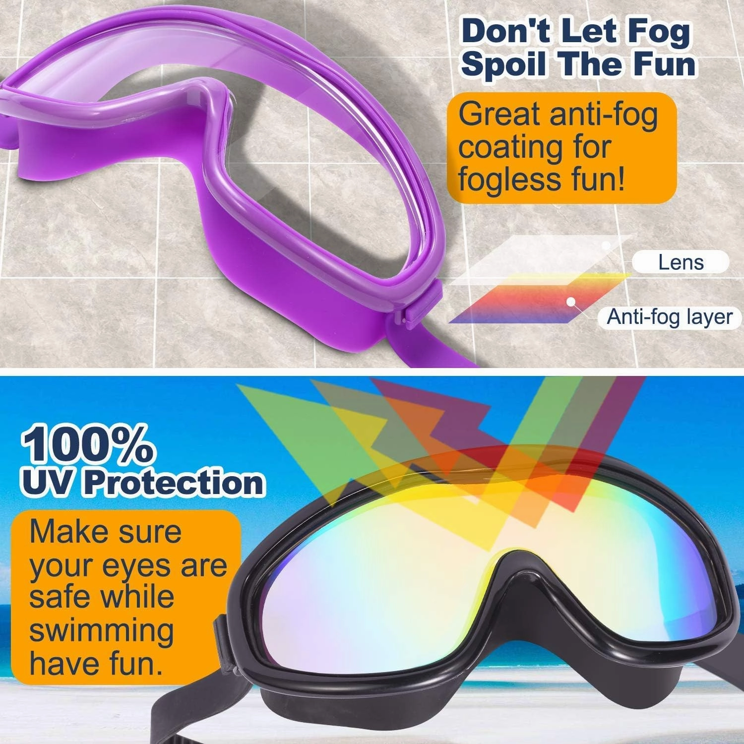 Braylin Adult Swim Goggles, 2-Pack Wide View Swim Goggles for Men Women Youth Teen, Anti-Fog, Over 15