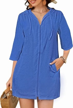 Bsubseach Terry Cloth Swim Coverup - Women Long Sleeve Hooded Swimsuit Coverup Zipper Beach Coverups Robes with Pockets
