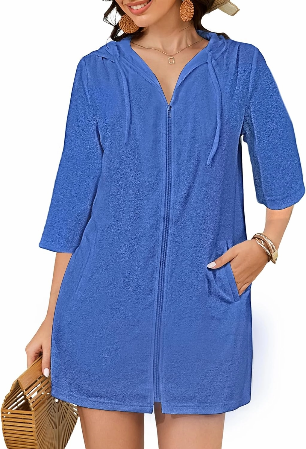 Bsubseach Terry Cloth Swim Coverup - Women Long Sleeve Hooded Swimsuit Coverup Zipper Beach Coverups Robes with Pockets