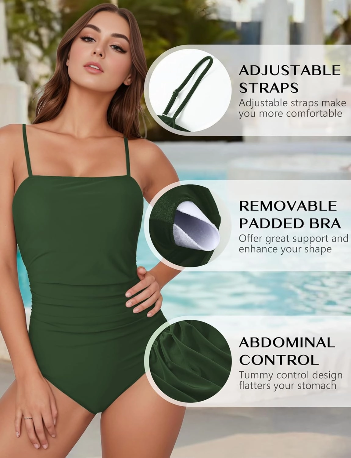 Buauty Women's One Piece Swimsuits Tummy Control Bathing Suits for Women Square Neck Backless Ruched Push Up Swimwear