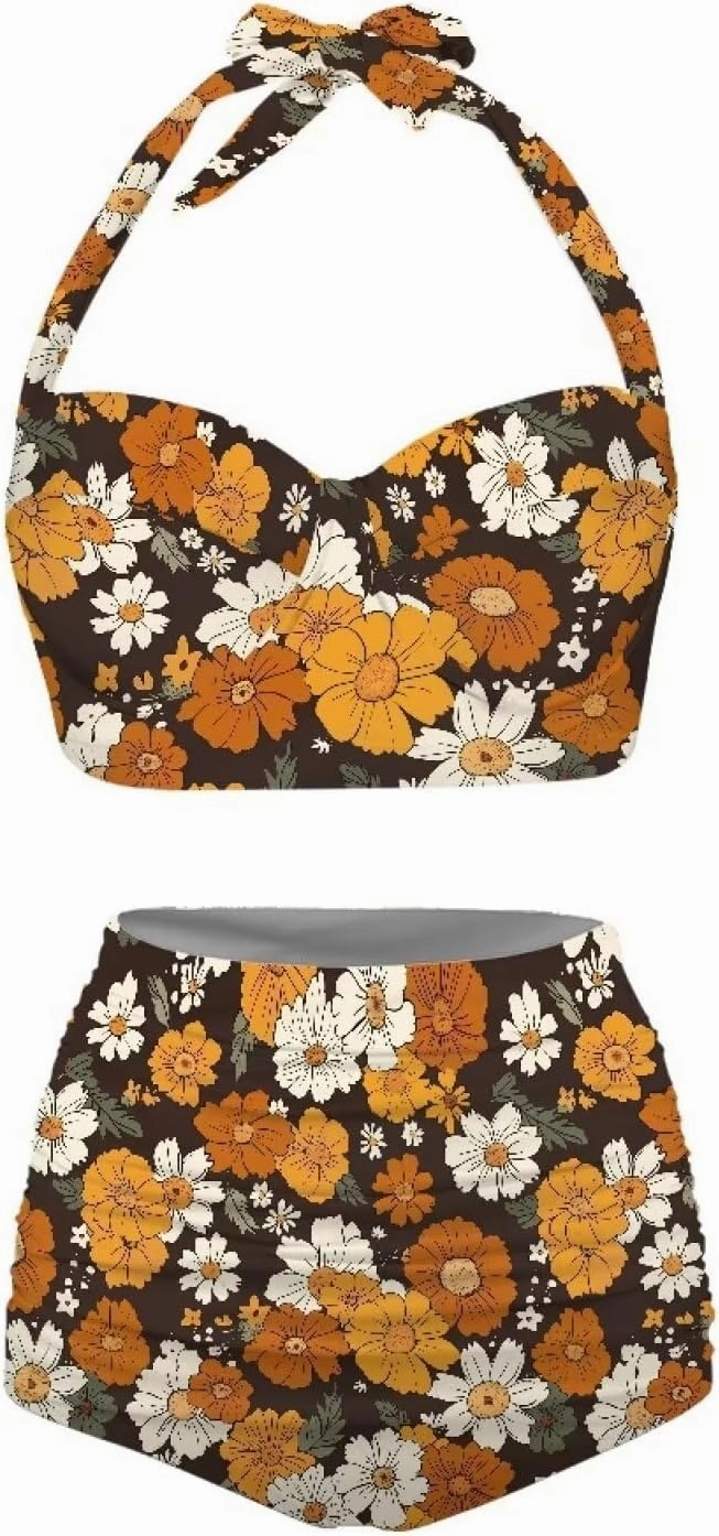Butterfly Women's Retro Ruched Ruffle High Waist Bikini Set, Flag Tankini Swimsuits Tummy Control Swimwear