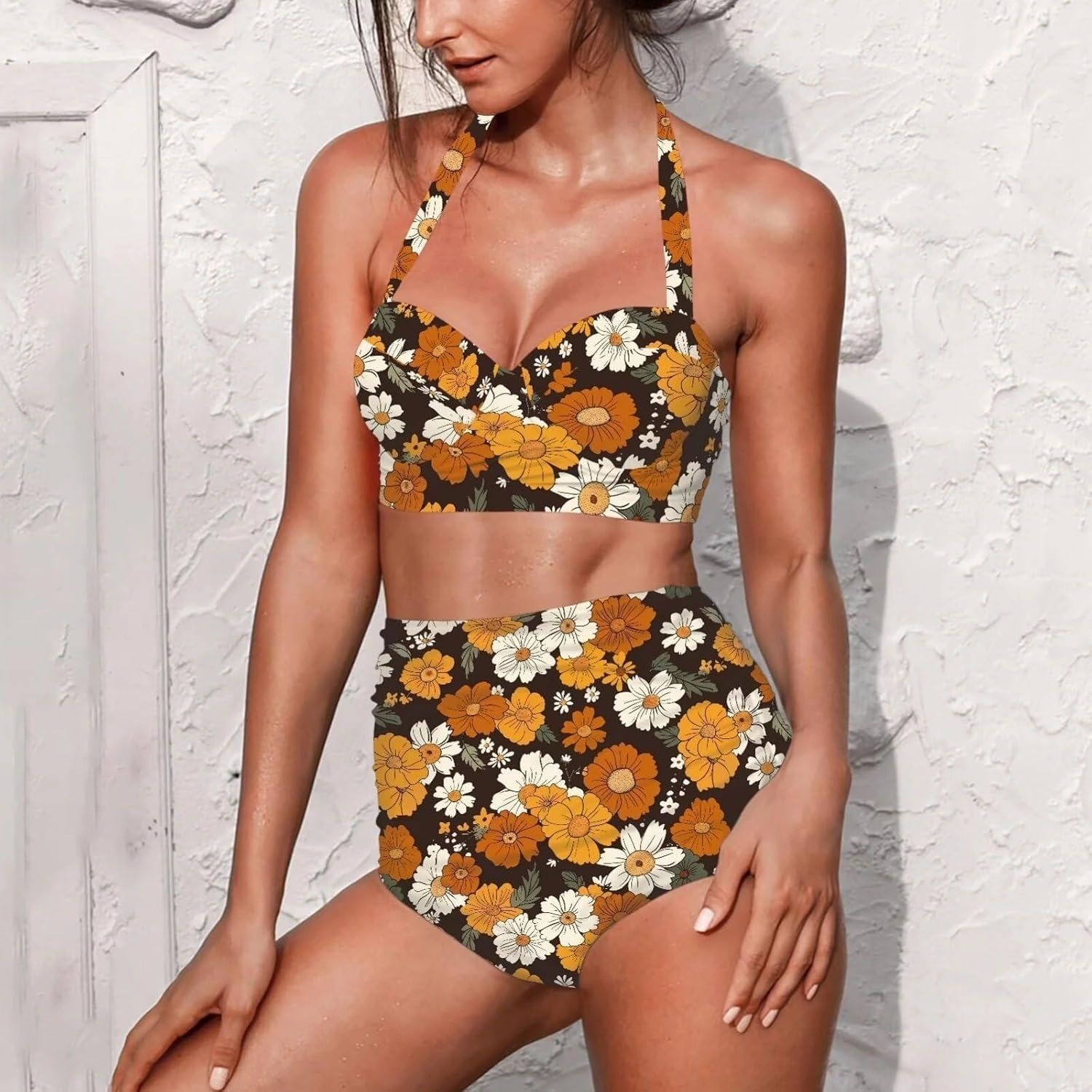 Butterfly Women's Retro Ruched Ruffle High Waist Bikini Set, Flag Tankini Swimsuits Tummy Control Swimwear