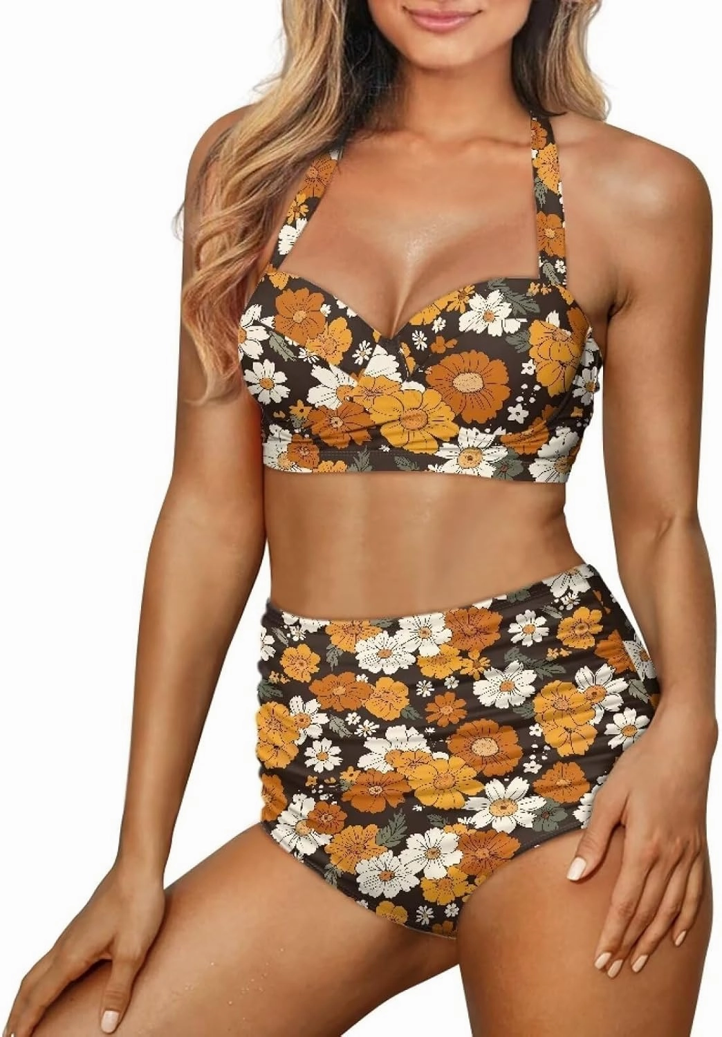 Butterfly Women's Retro Ruched Ruffle High Waist Bikini Set, Flag Tankini Swimsuits Tummy Control Swimwear