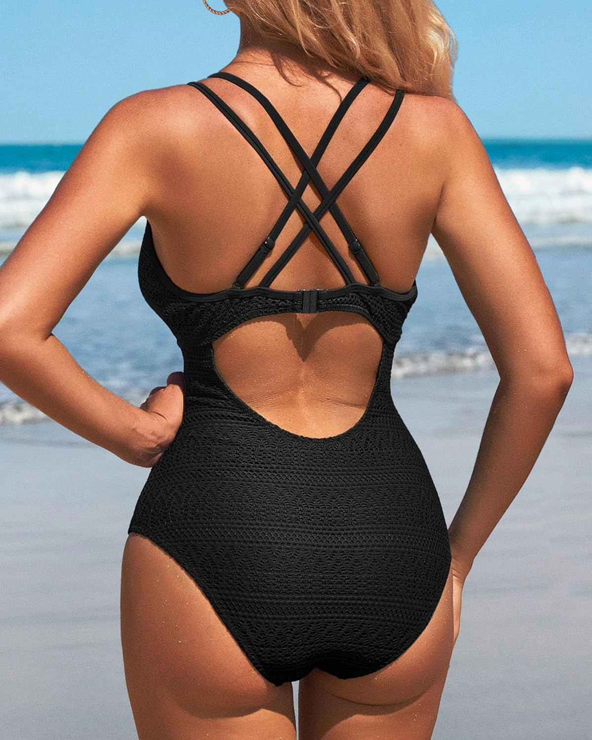 Charmo Crochet One Piece Swimsuits for Women V Neck Strappy Bathing Suit Hollow Out Monokini Swimwear