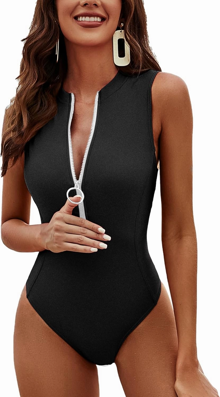 Charmo One Piece Swimsuit Women Zipper Bathing Suit Mock High Neck Full Coverage Racerback Rash Guard Swimwear 80s 90s