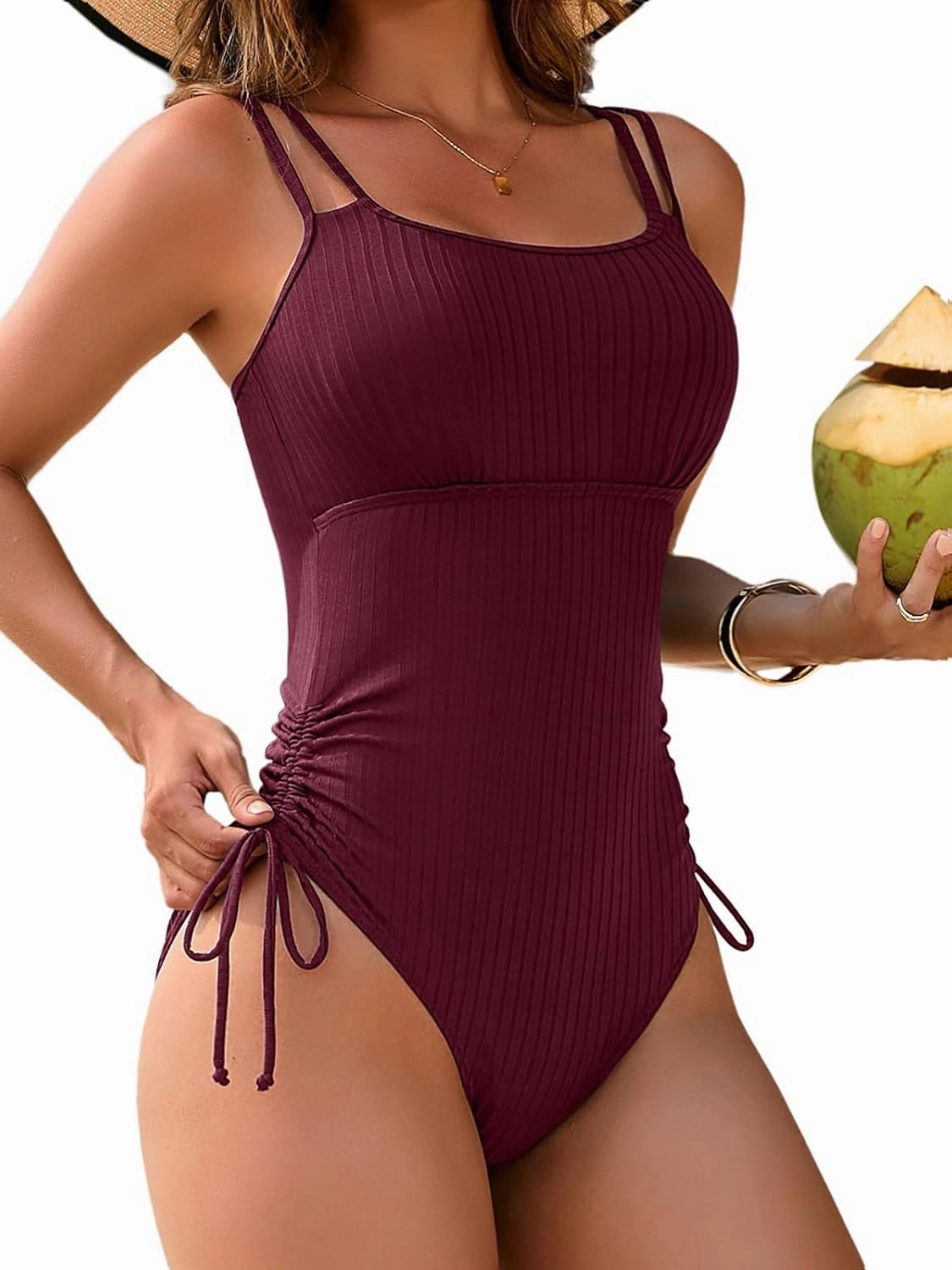Charmo Ribbed One Piece Swimsuit Women High Cut Bathing Suit Tie Side Spaghetti Strap Modest Monikini Swimwear