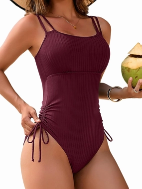 Charmo Ribbed One Piece Swimsuit Women High Cut Bathing Suit Tie Side Spaghetti Strap Modest Monikini Swimwear